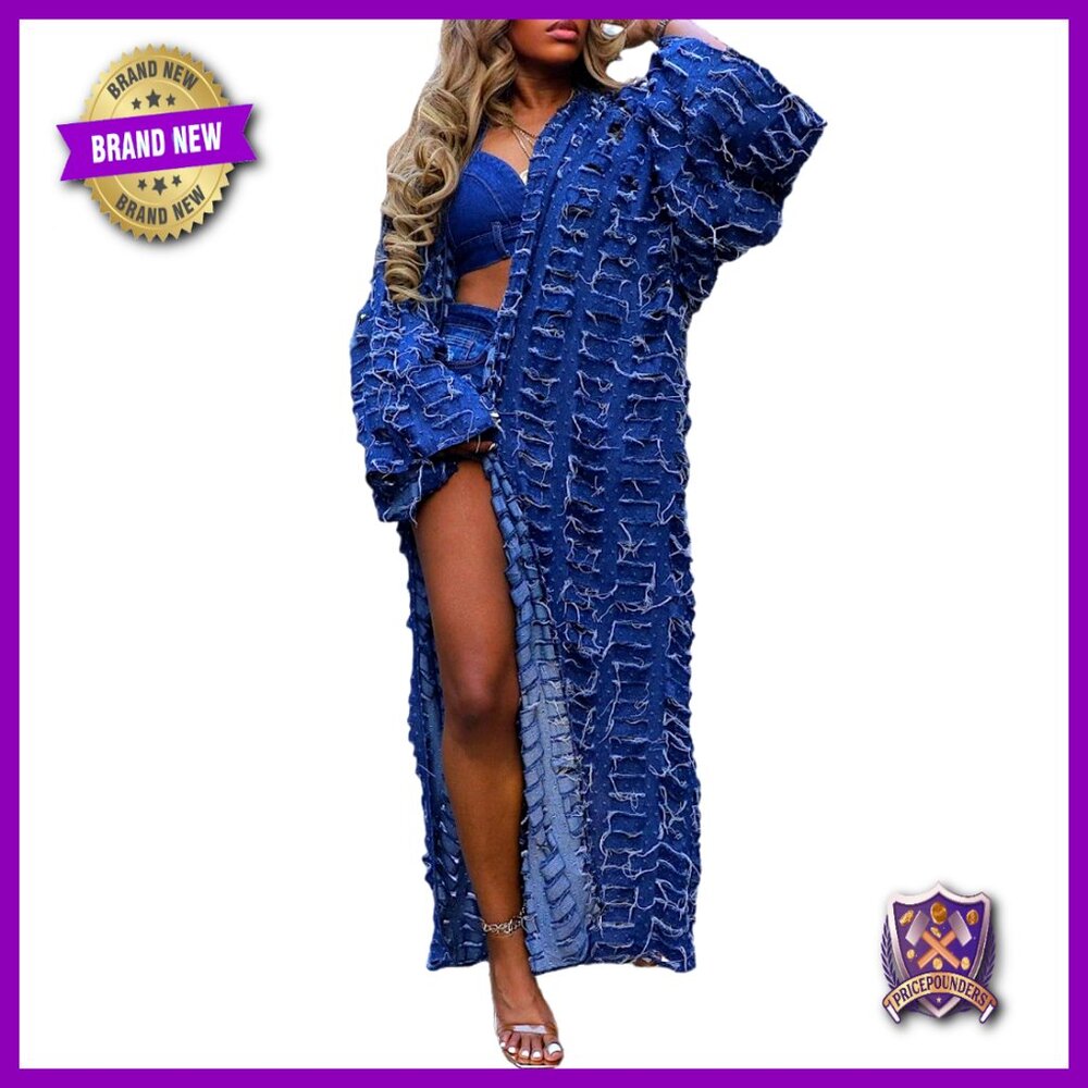 Oversized Denim Kimono Cardigan Ripped Hollow Out Floor Length Duster Jacket